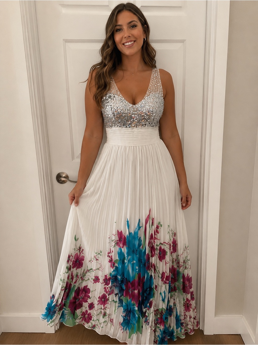 Sequined Bodice White Floral Maxi Dress evening wear
